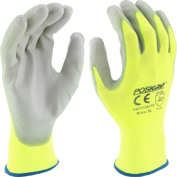West Chester Protective Gear Coated Gloves, Nylon, Polyurethane, Flat, Palm & Fingers, 2 Abrasion Level, Yellow, M HVY713SUTS/M - main